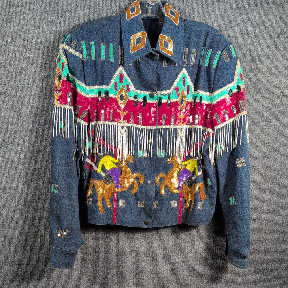 VTG 80s Modi Denim Western Rodeo Sequin Jacket Fringe S/M Cowgirl Wearable Art